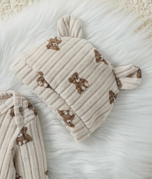 Unisex Baby Romper met Muts - Beige Beerprint - Lange Mouwen - 1-24 Maanden