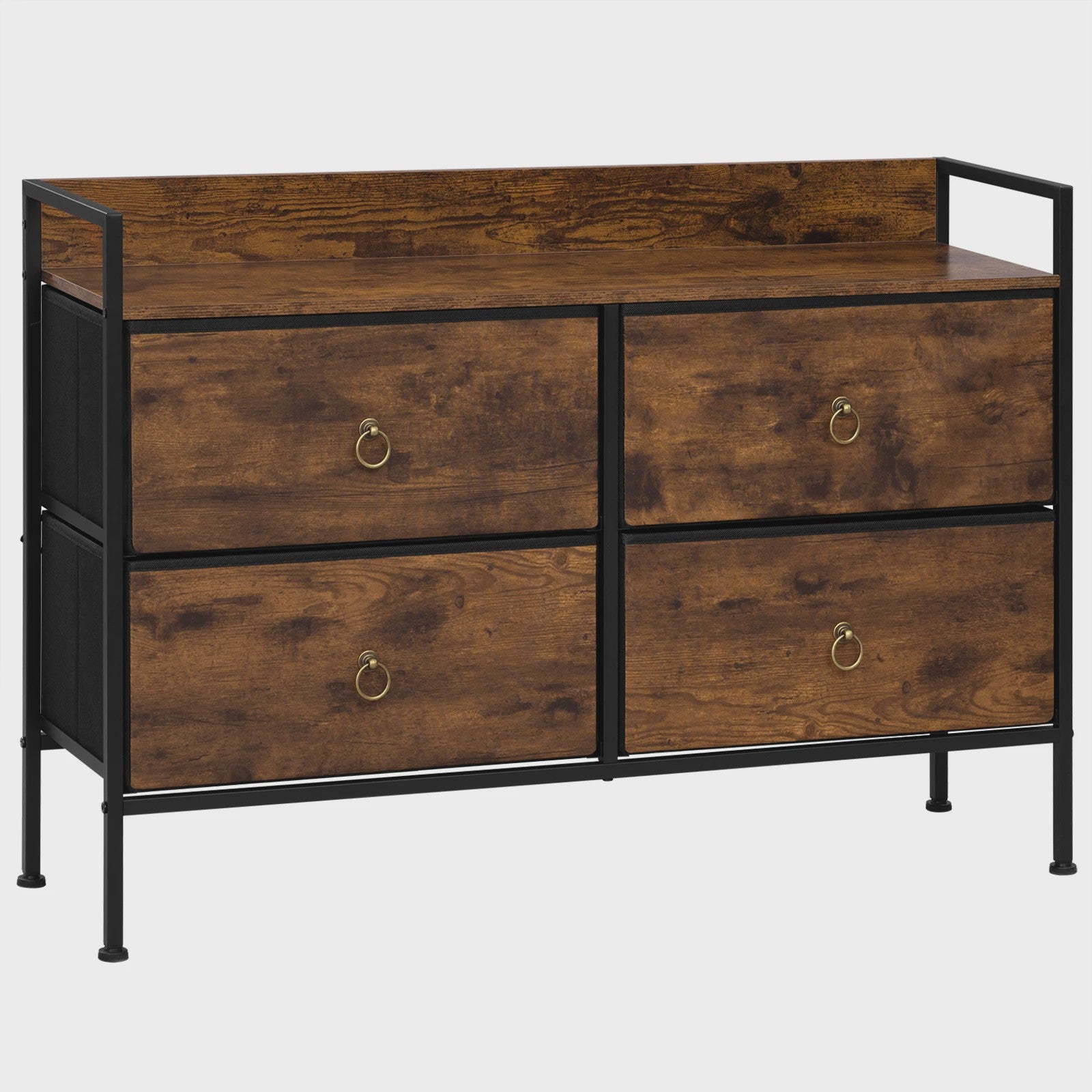 Vintage Bruine Ladekast met 4 Stoffen Lades - Stijlvolle Opbergkast voor Slaapkamer & Woonkamer