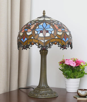 Vintage Gebrandschilderd Glas Tafellamp - Pauwstaart Stijl