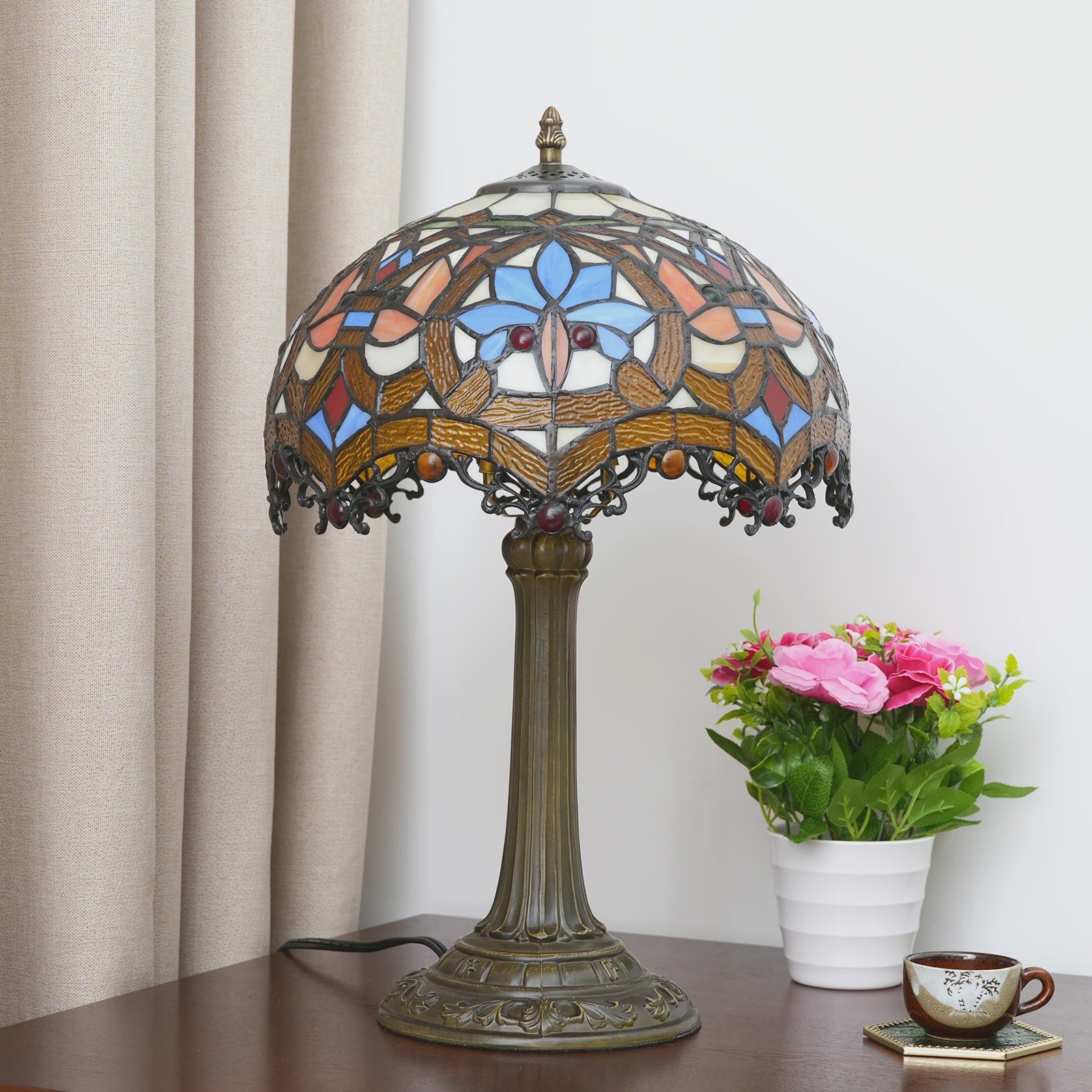 Vintage Gebrandschilderd Glas Tafellamp - Pauwstaart Stijl