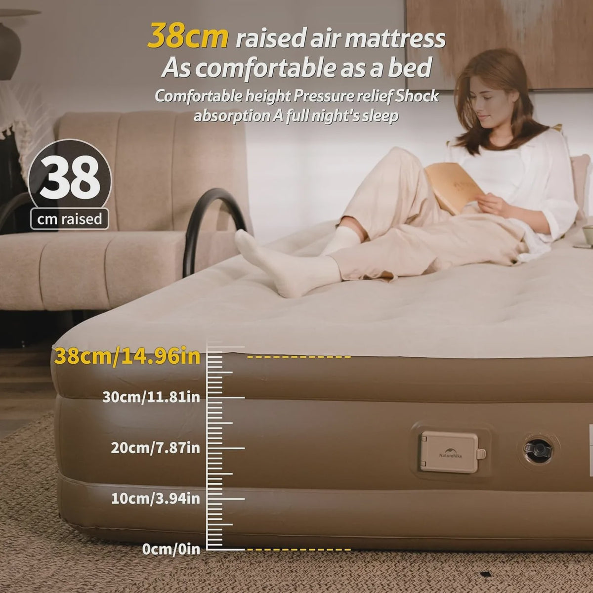 Naturehike Luchtbed 38cm Zelfopblazend met Ingebouwde Pomp - Comfortabel Kampeerbed voor 2-3 Personen