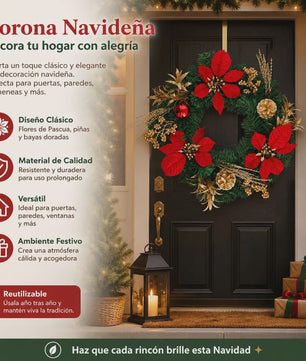 Kunstkerstkrans Rood met Poinsettia & Gouden Dennenappels - 45/55cm