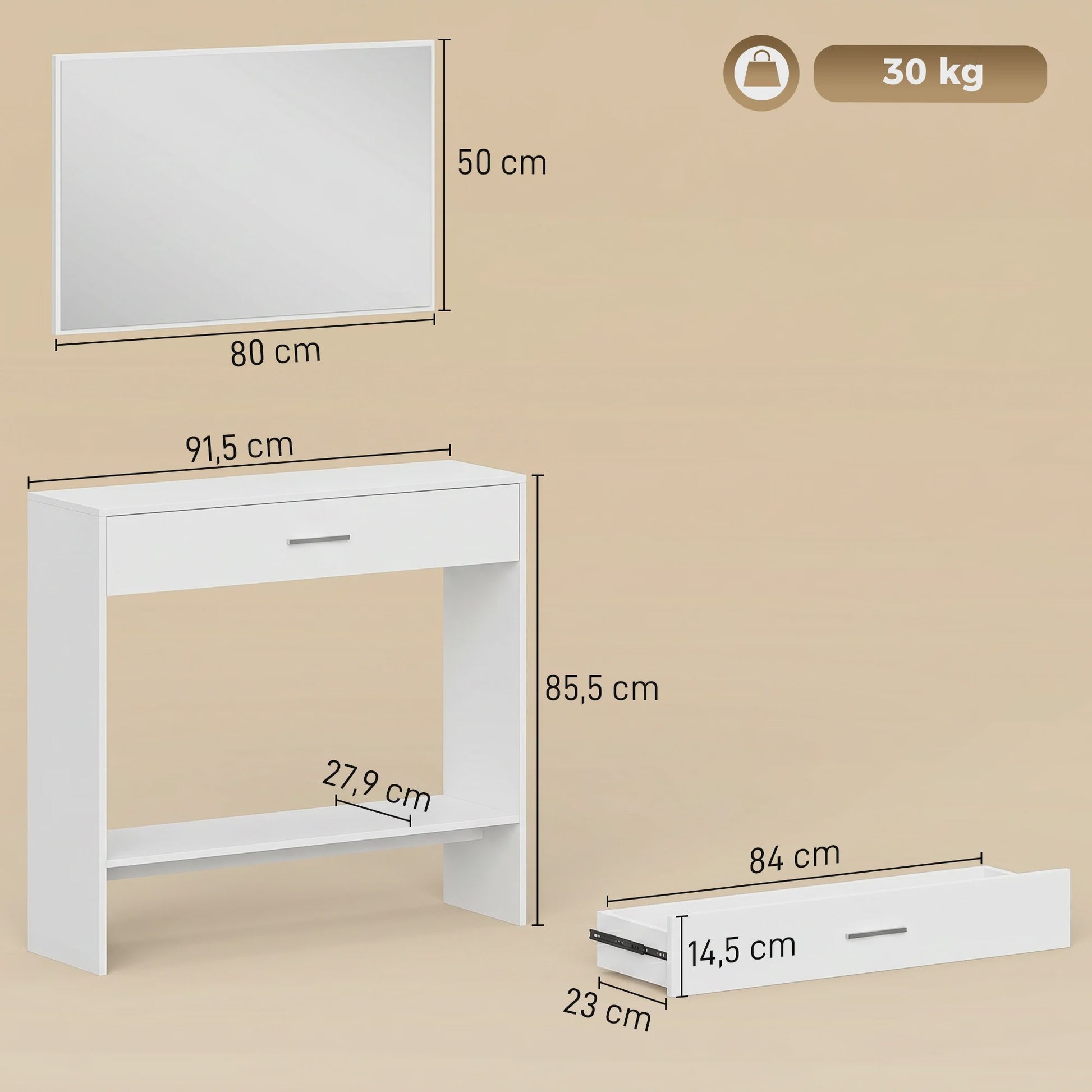 Homcom Halmeubel met Spiegel, Lade en Plank - Entree Console Tafel
