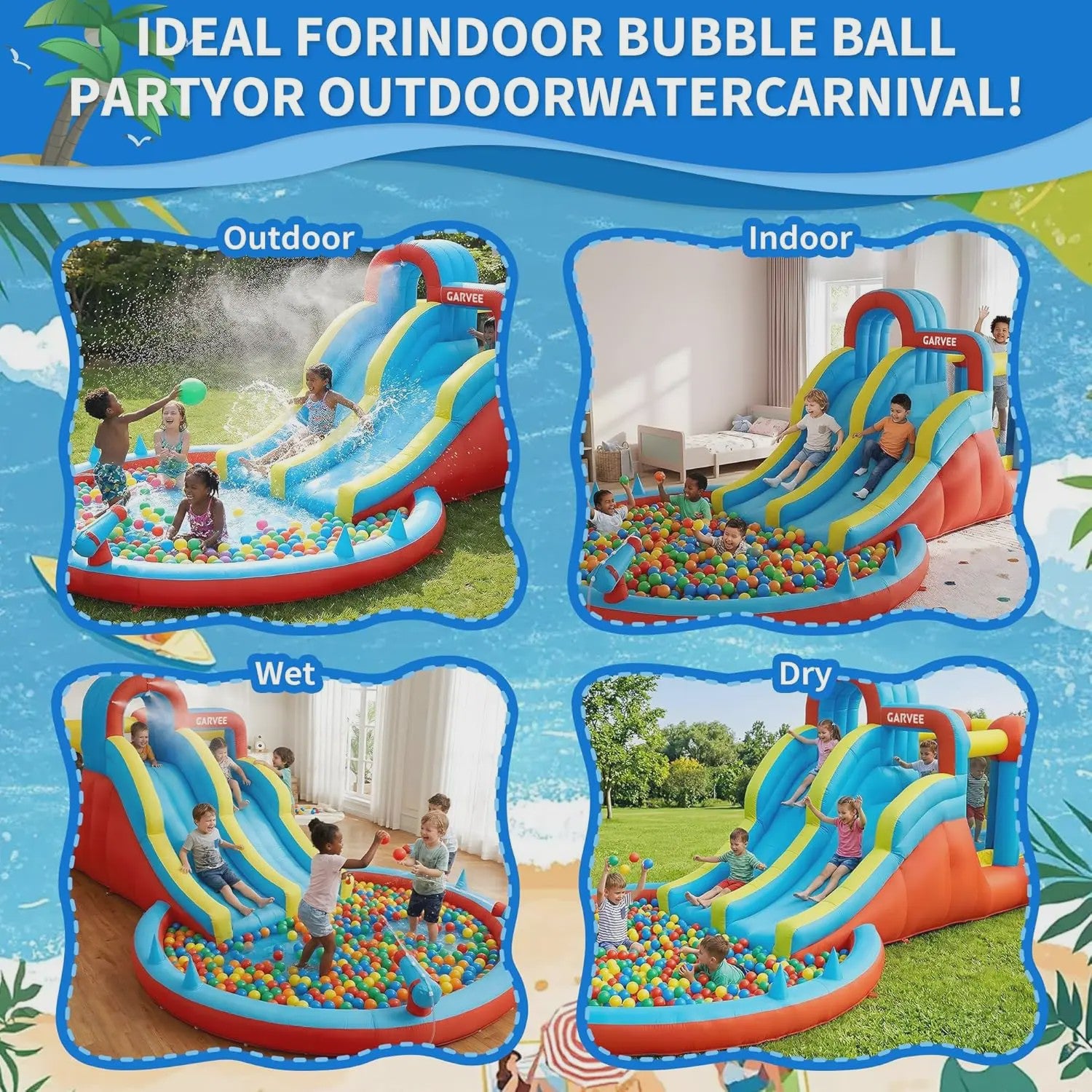 Garvee Kinder Springkussen met Waterglijbaan en Waterpistool - Groot Opblaasbaar Speelparadijs