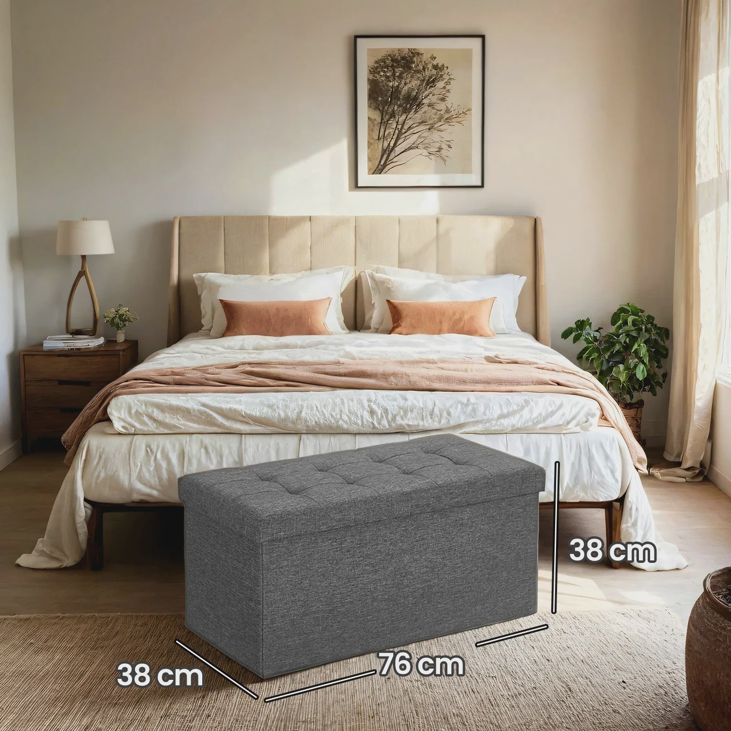 Songmics Opbergbank met Klapdeksel - 76x38x38 cm - Grijze Linnenlook - Multifunctioneel Zitmeubel