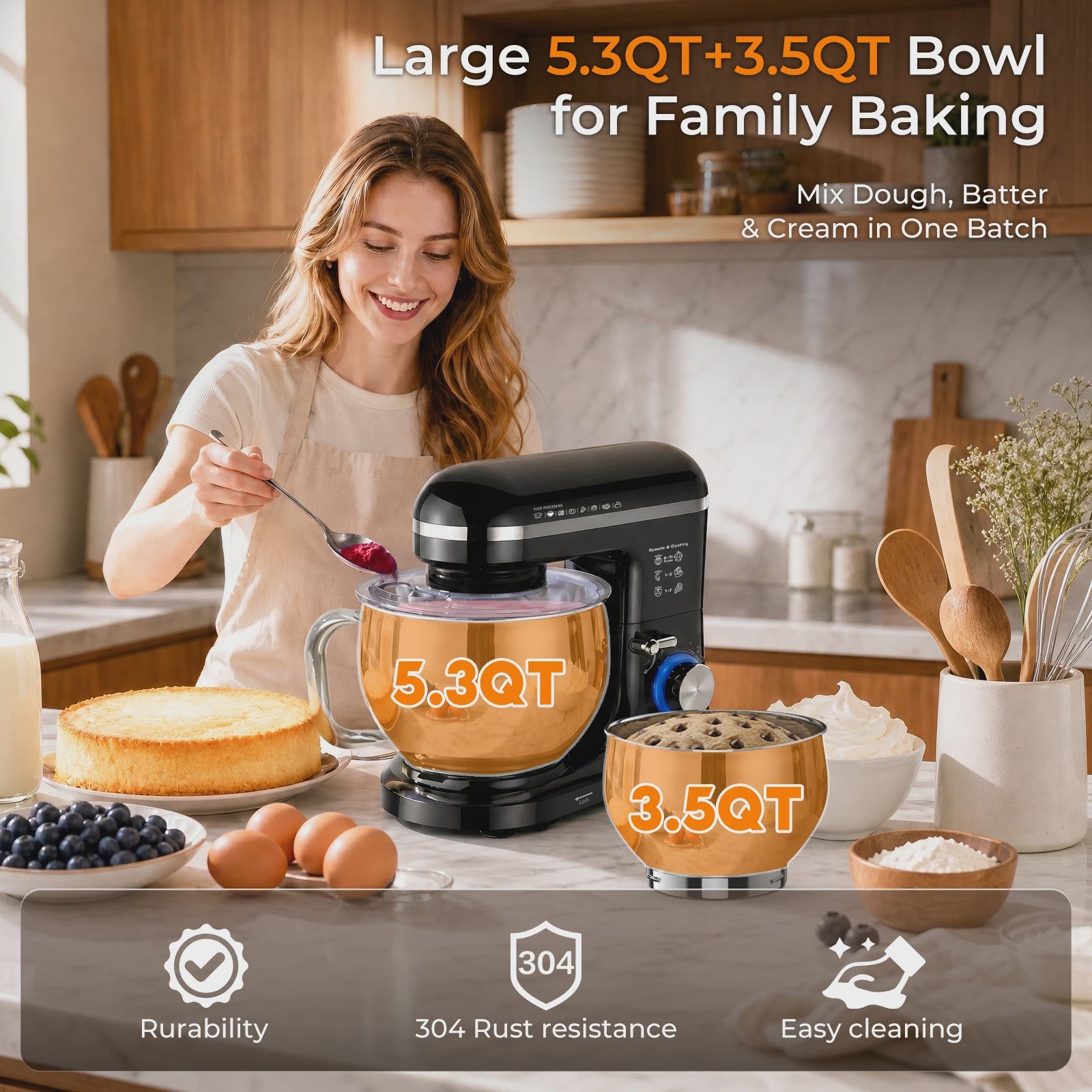 Patbrela Keukenmachine 5L - Krachtige Planetaire Mixer met 10 Snelheden voor Deeg, Cake en Koekjes