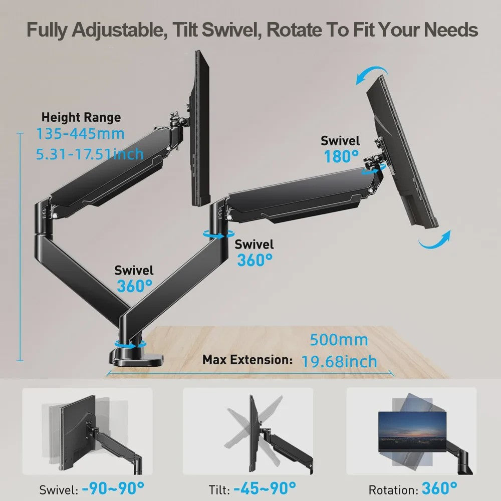 Dubbele Monitor Arm Bureauhouder - Verstelbaar voor 2x 32 inch Schermen, 10kg per Arm, VESA 100x100mm