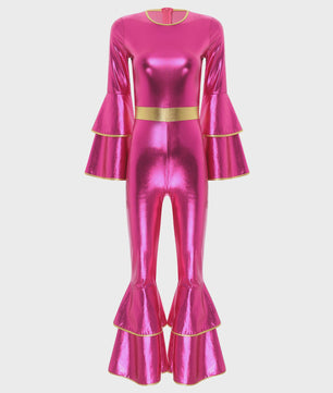 Dames Jumpsuit 70s Disco Metallic Met Wijde Pijpen en Flare Mouwen