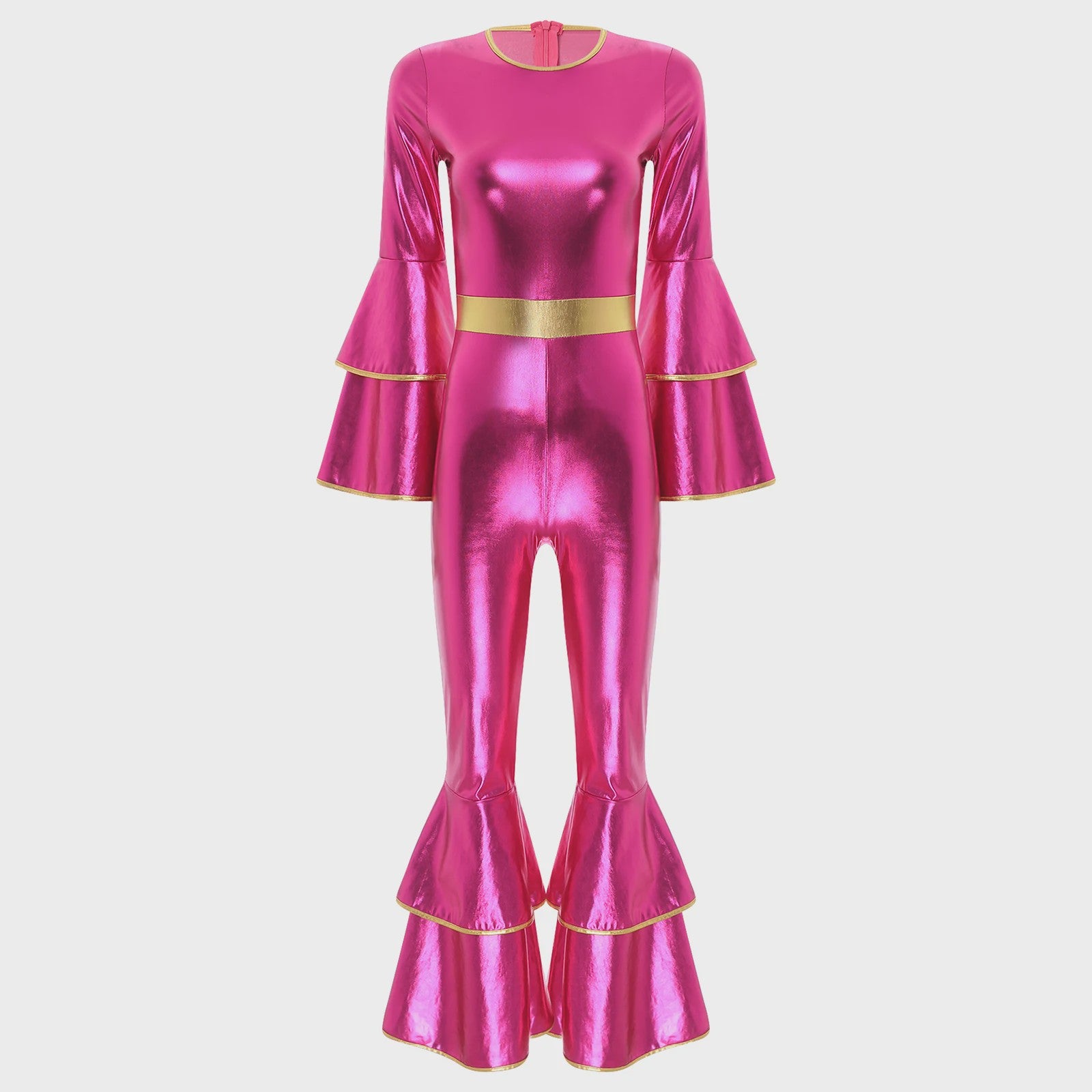 Dames Jumpsuit 70s Disco Metallic Met Wijde Pijpen en Flare Mouwen