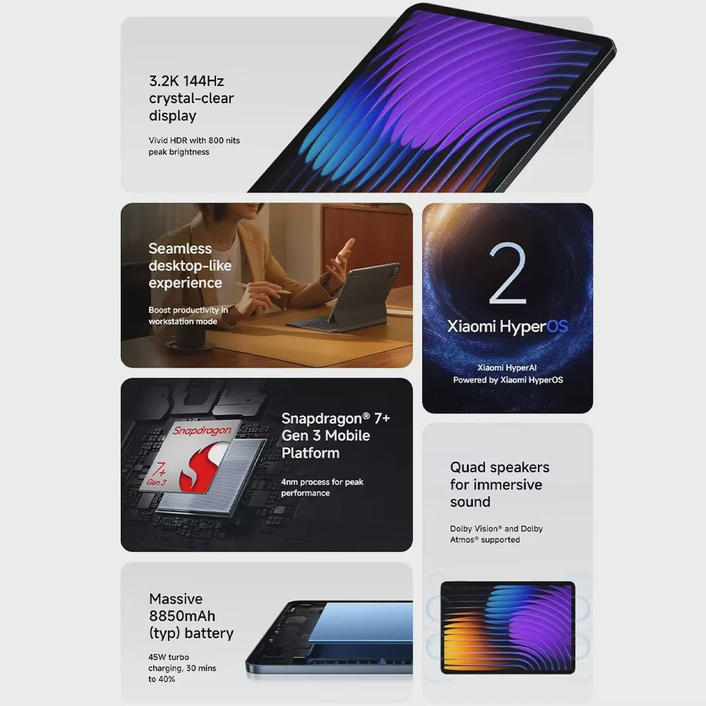 Xiaomi Pad 7 Tablet: Snapdragon 7+ Gen 3, 11.2" 3.2K 144Hz Display, 8850mAh Batterij