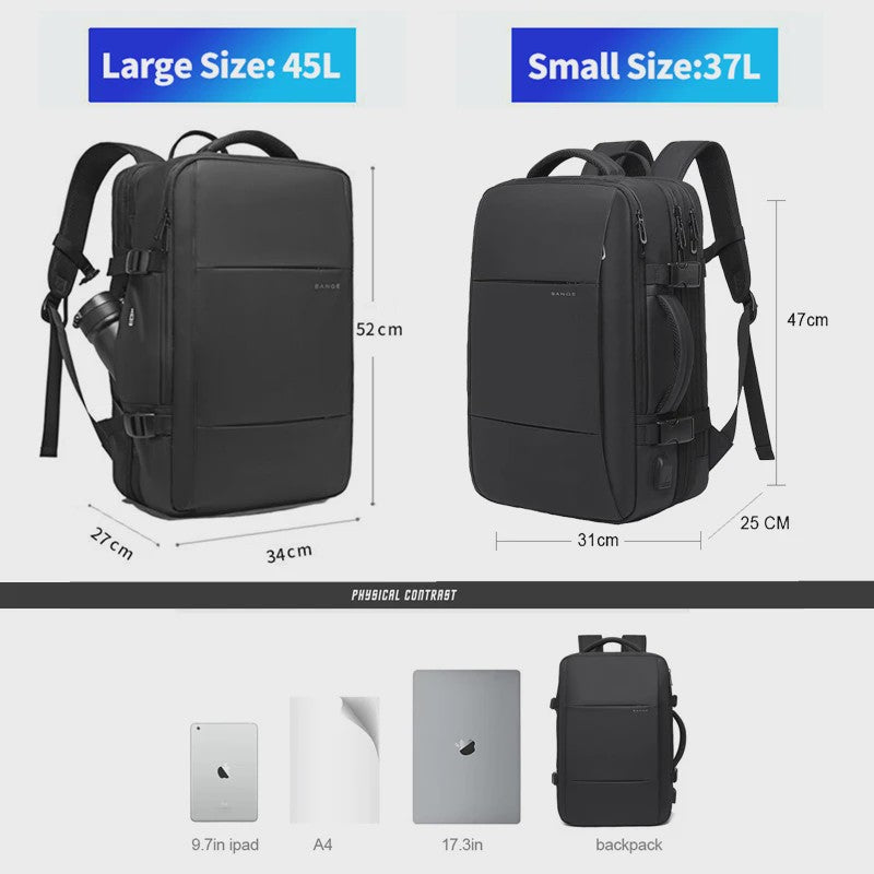 BANGE Heren Rugzak - Waterdicht, Uitbreidbaar, 17.3" Laptopvak, Grote Capaciteit voor Reizen & Wandelen