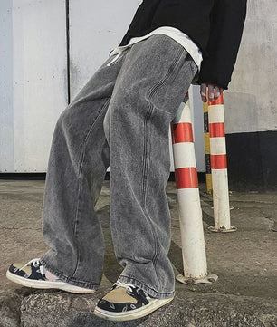 Streetwear Jeans Heren: Loose Fit, Wide Leg, Koreaanse Stijl - Zwart & Lichtblauw