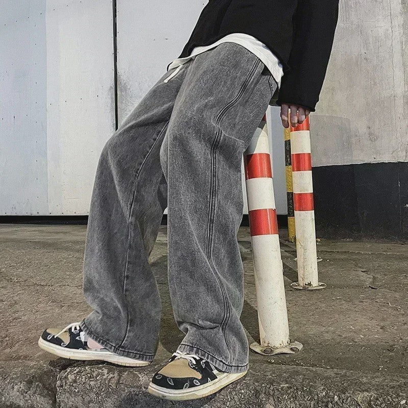Streetwear Jeans Heren: Loose Fit, Wide Leg, Koreaanse Stijl - Zwart & Lichtblauw