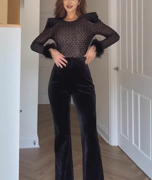 Elegante Dames Jumpsuit met Fluweel en Pailletten - Lange Mouwen & Flared Broek