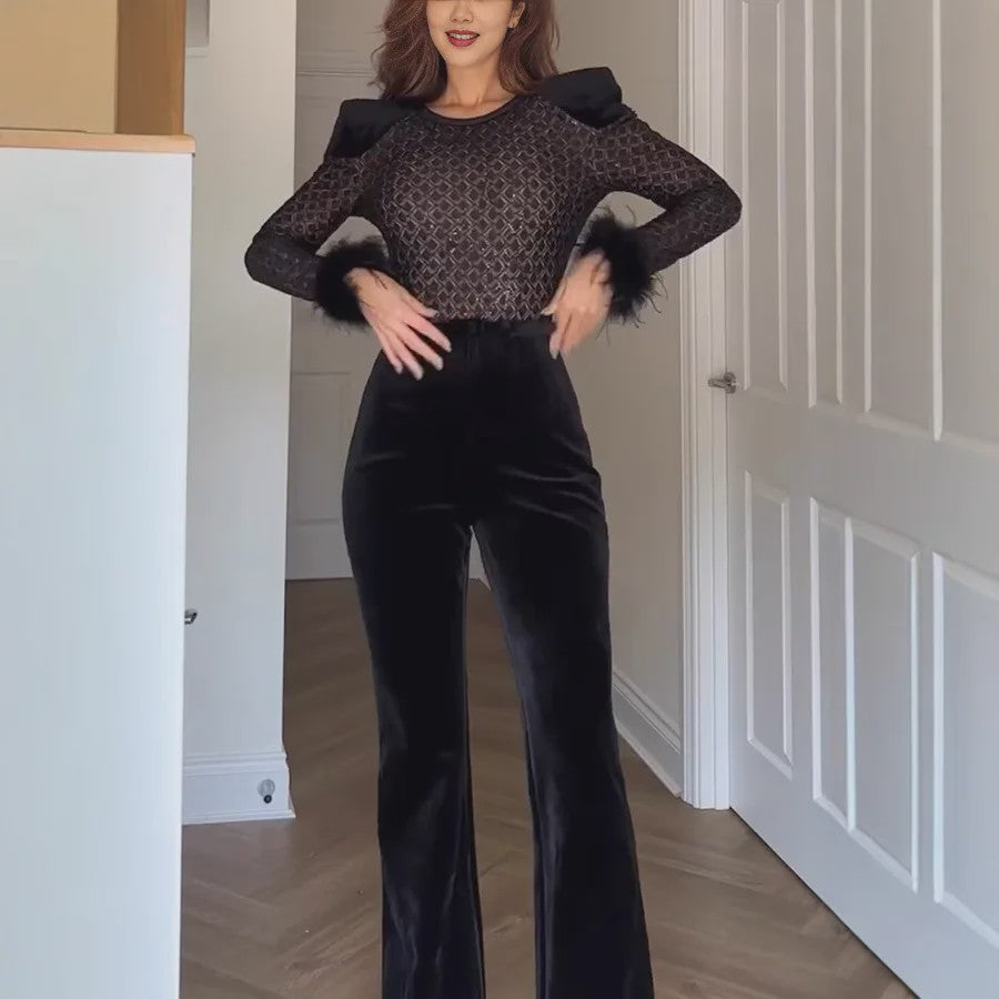 Elegante Dames Jumpsuit met Fluweel en Pailletten - Lange Mouwen & Flared Broek