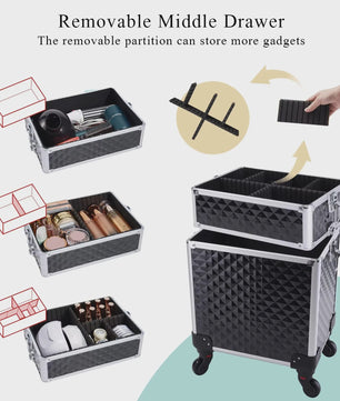 3-in-1 Make-up Trolley Koffer op Wielen - Verwijderbaar & Afsluitbaar - Professionele Make-up Case