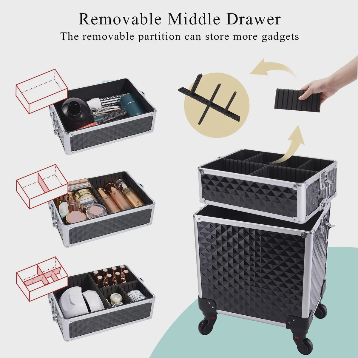 3-in-1 Make-up Trolley Koffer op Wielen - Verwijderbaar & Afsluitbaar - Professionele Make-up Case
