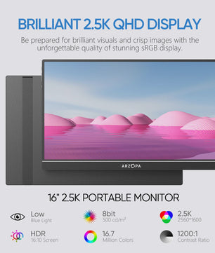 ARZOPA 16" 2K Draagbare Monitor - IPS Scherm, 16:10, Type-C & Mini HDMI
