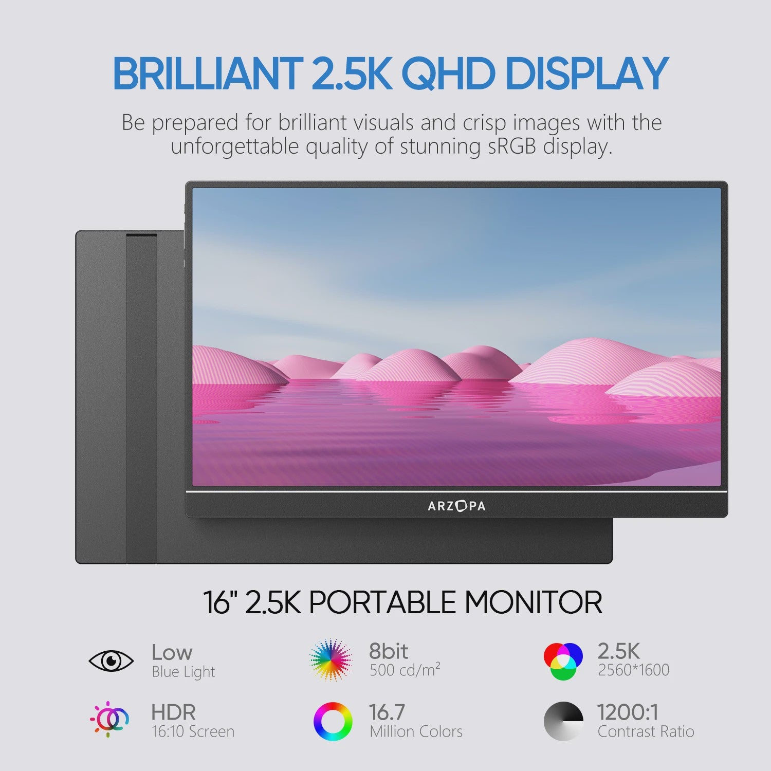 ARZOPA 16" 2K Draagbare Monitor - IPS Scherm, 16:10, Type-C & Mini HDMI