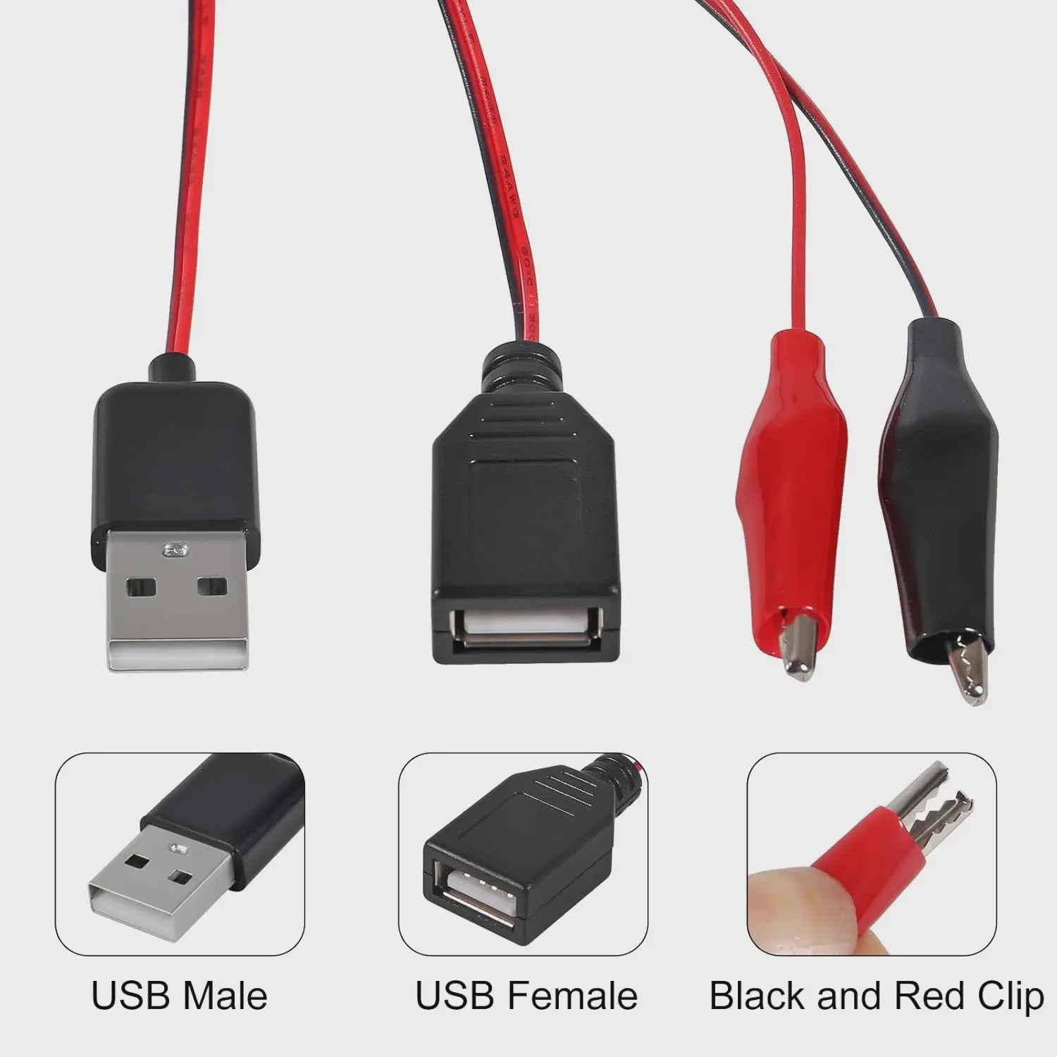 2x USB naar Alligator Klem Kabel Adapter - Male & Female voor Circuit Test