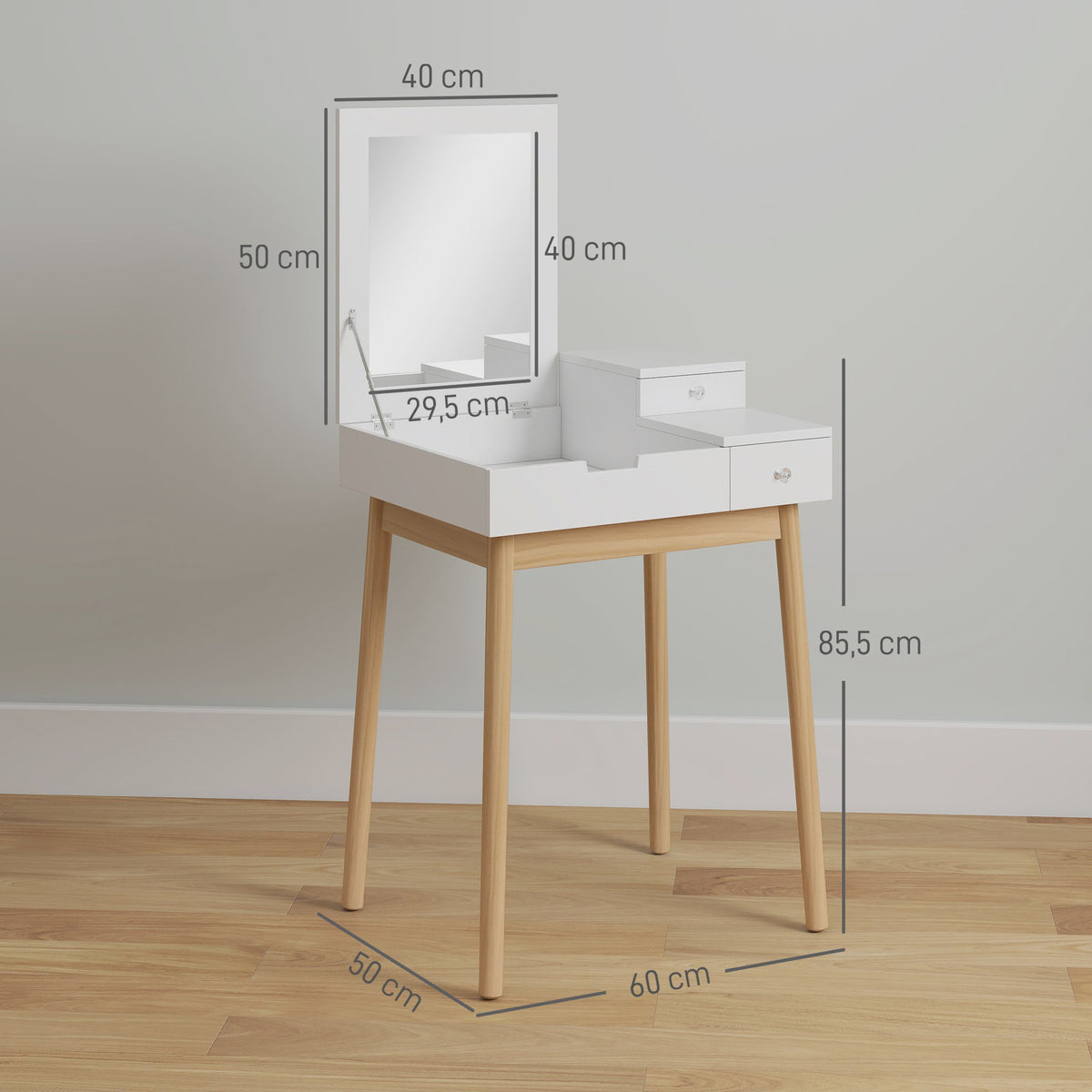 HOMCOM Kaptafel met Spiegel en 2 Lades - Modern Wit Design voor Slaapkamer of Woonkamer