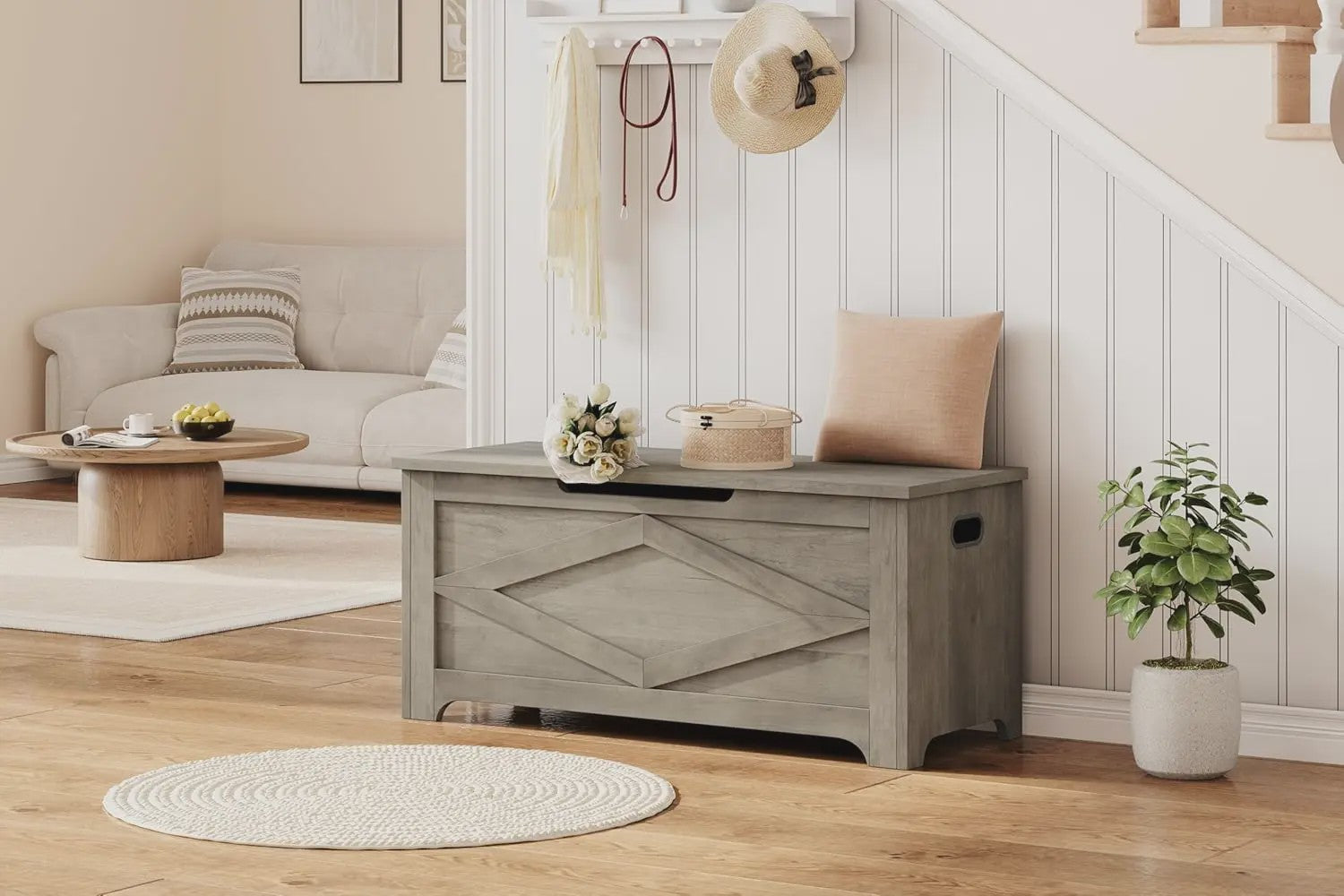 Rustieke Houten Opbergbank met Klepdeksel - Farmhouse Stijl