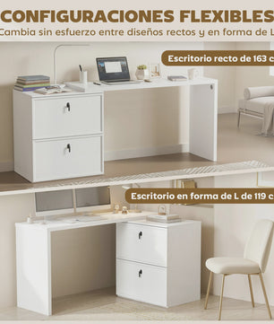 Omkeerbaar L-vormig Bureau met 2 Lades - Wit