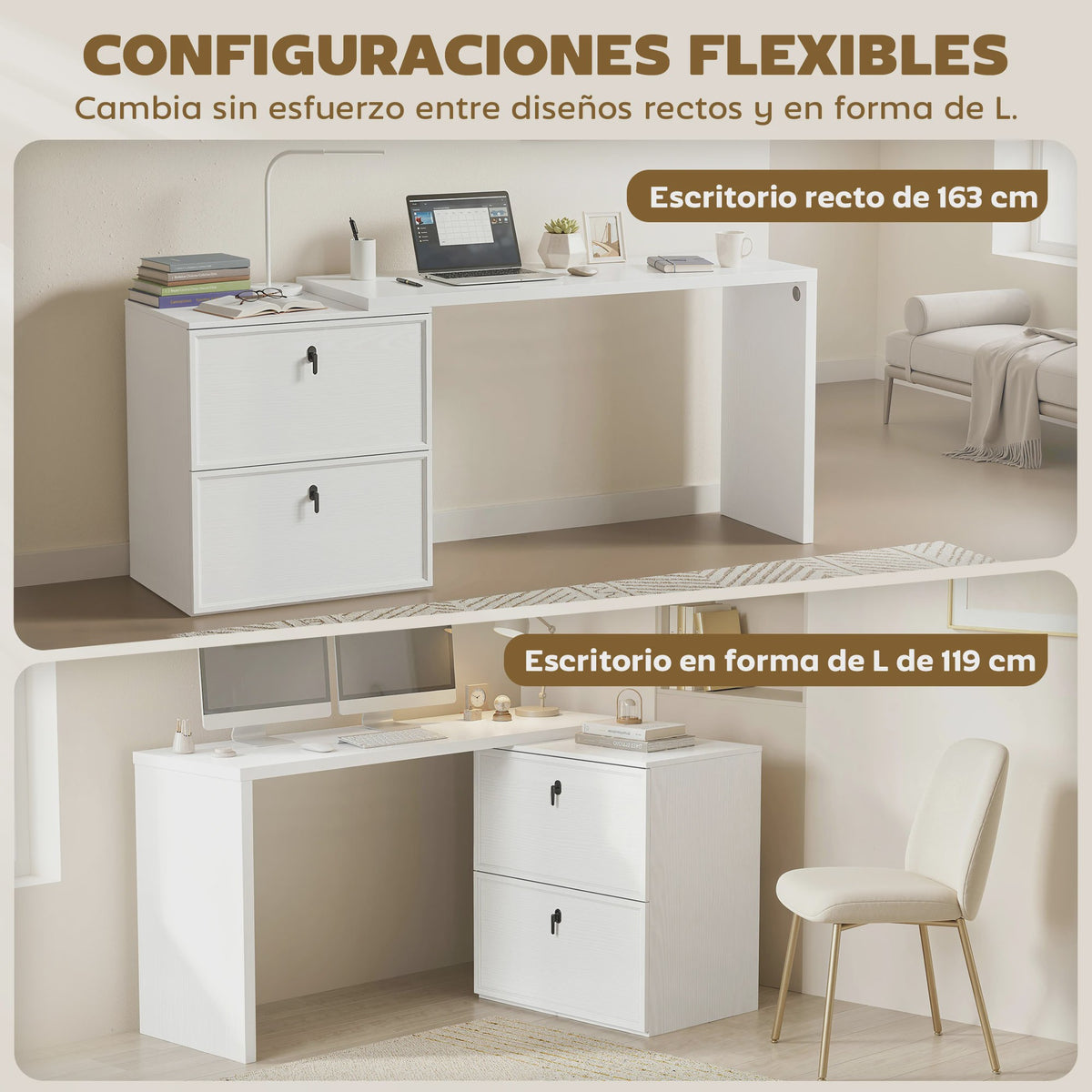 Omkeerbaar L-vormig Bureau met 2 Lades - Wit