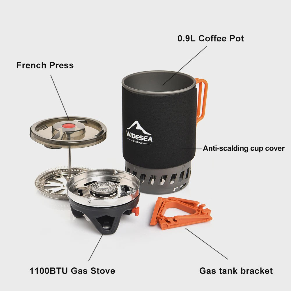 Widesea Draagbare Camping Koffiezetter Set met French Press & Gasbrander 0.9L