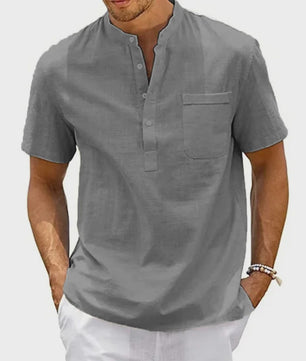 Herenshirt met Hennekhals en Borstzak - Korte Mouw, Katoen Linnen Mix - Casual & Vintage Stijl