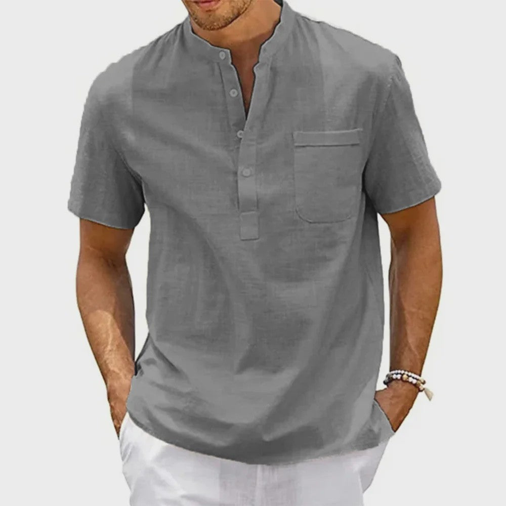 Herenshirt met Hennekhals en Borstzak - Korte Mouw, Katoen Linnen Mix - Casual & Vintage Stijl