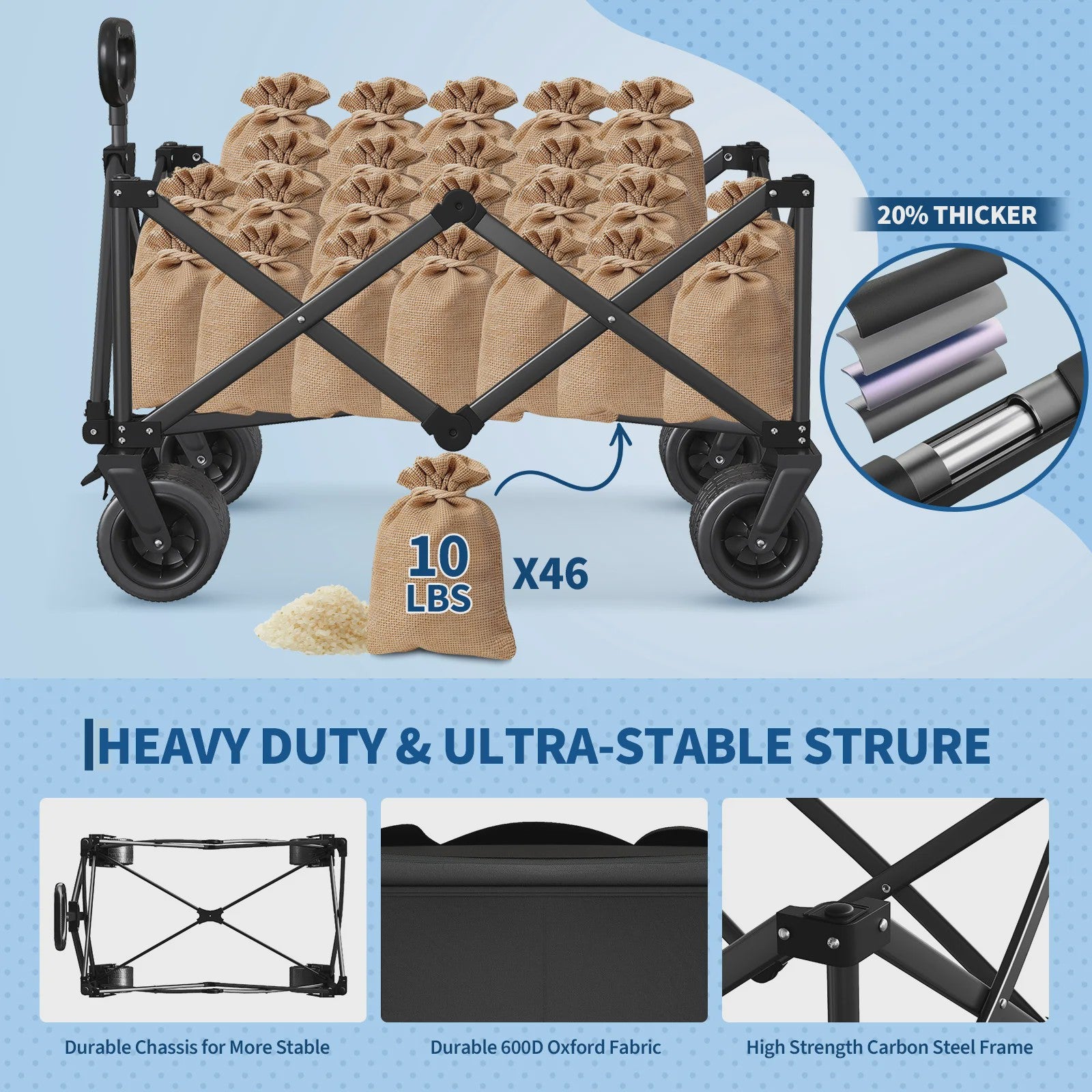 Robuuste Outdoor Campingwagen met 8" Wielen en Verstelbare Handgreep - Opvouwbaar All-Terrain Trolley