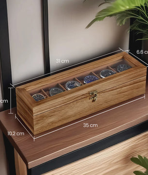 Luxe Houten Horlogedoos met 6 Vakken en Glazen Deksel - Stijlvolle Opberger