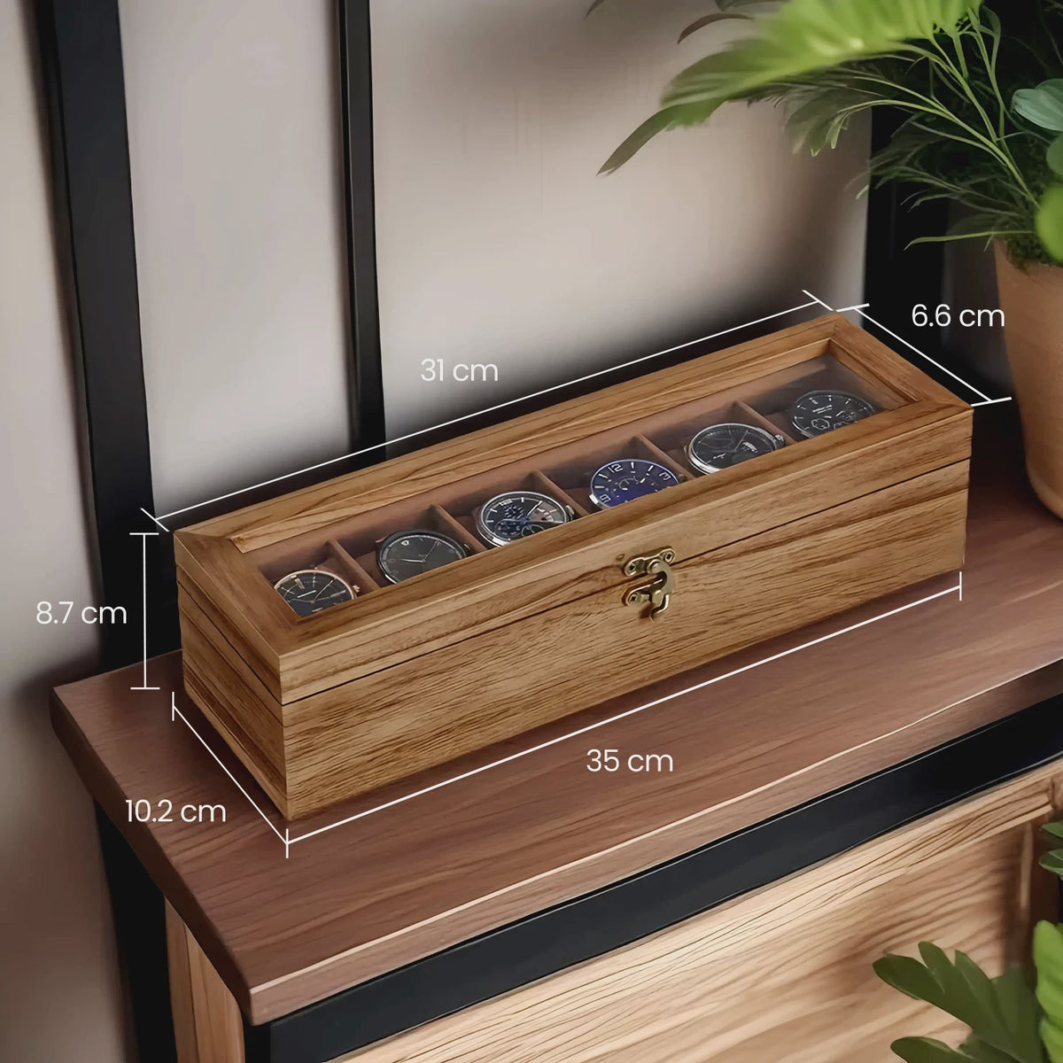 Luxe Houten Horlogedoos met 6 Vakken en Glazen Deksel - Stijlvolle Opberger