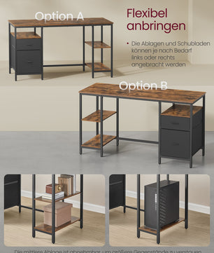 VASAGLE Bureau met 3 Planken en 2 Lades - 140x60x76 cm - Industrieel Design