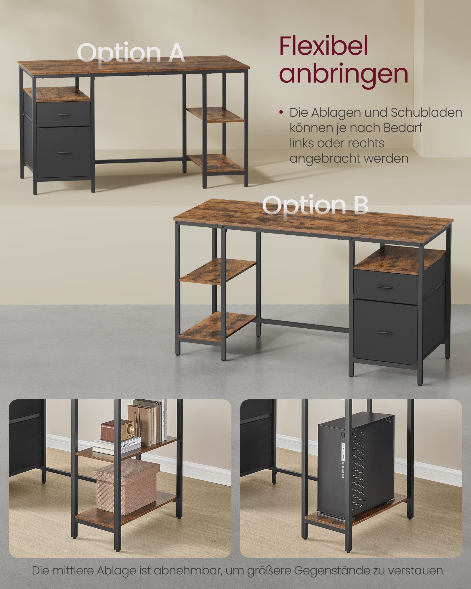 VASAGLE Bureau met 3 Planken en 2 Lades - 140x60x76 cm - Industrieel Design