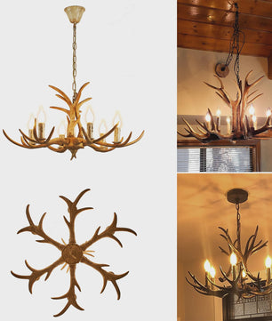 Vintage Herten Gewei Kroonluchter - 6-Lichts Hanglamp in Bruin