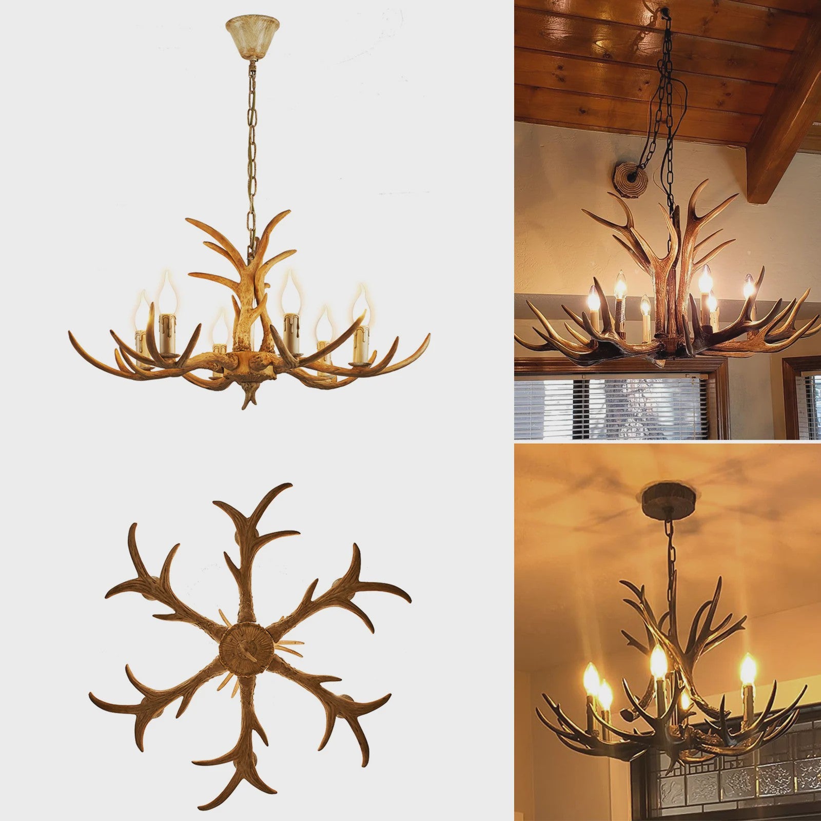 Vintage Herten Gewei Kroonluchter - 6-Lichts Hanglamp in Bruin