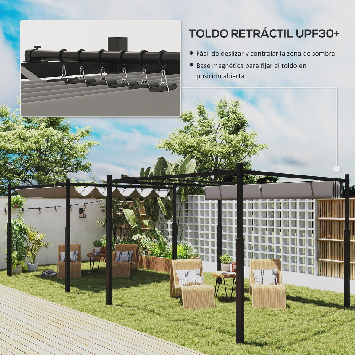 Outsunny Tuinpergola 3x3m met Intrekbaar Dak - Grijze Kleur