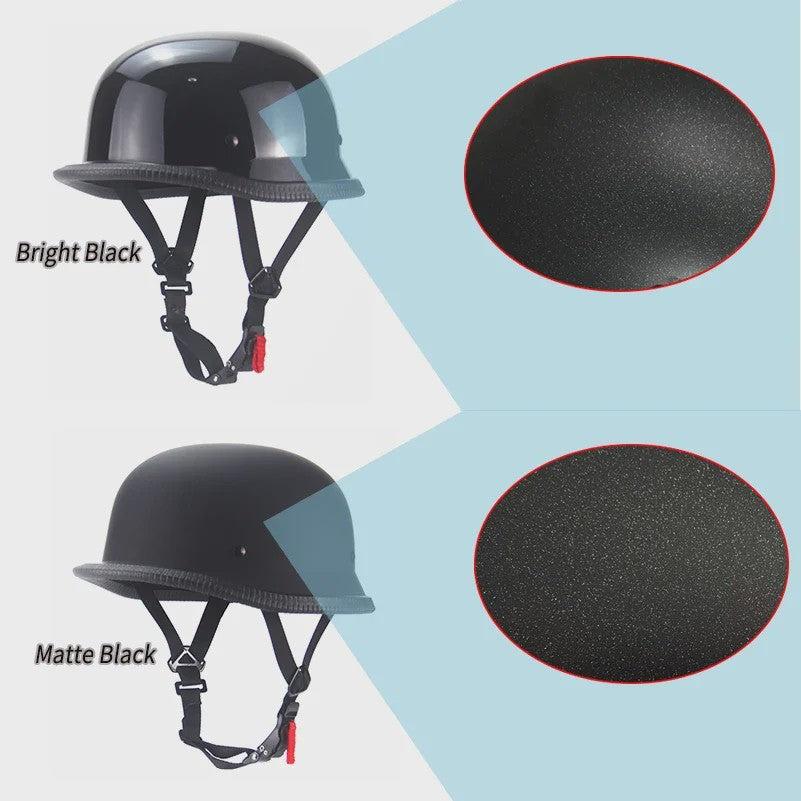 Vintage Motorhelm Half Shell Duits Stijl - DOT Goedgekeurd - Mat Zwart & Glans Zwart