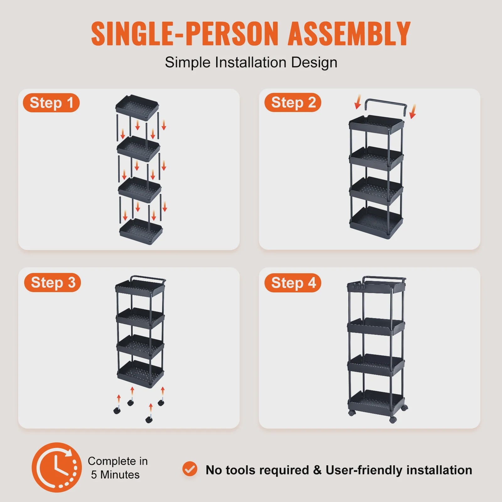 4-Laags Rolbare Opbergkar met Wielen - Keuken, Kantoor & Woonkamer Organizer