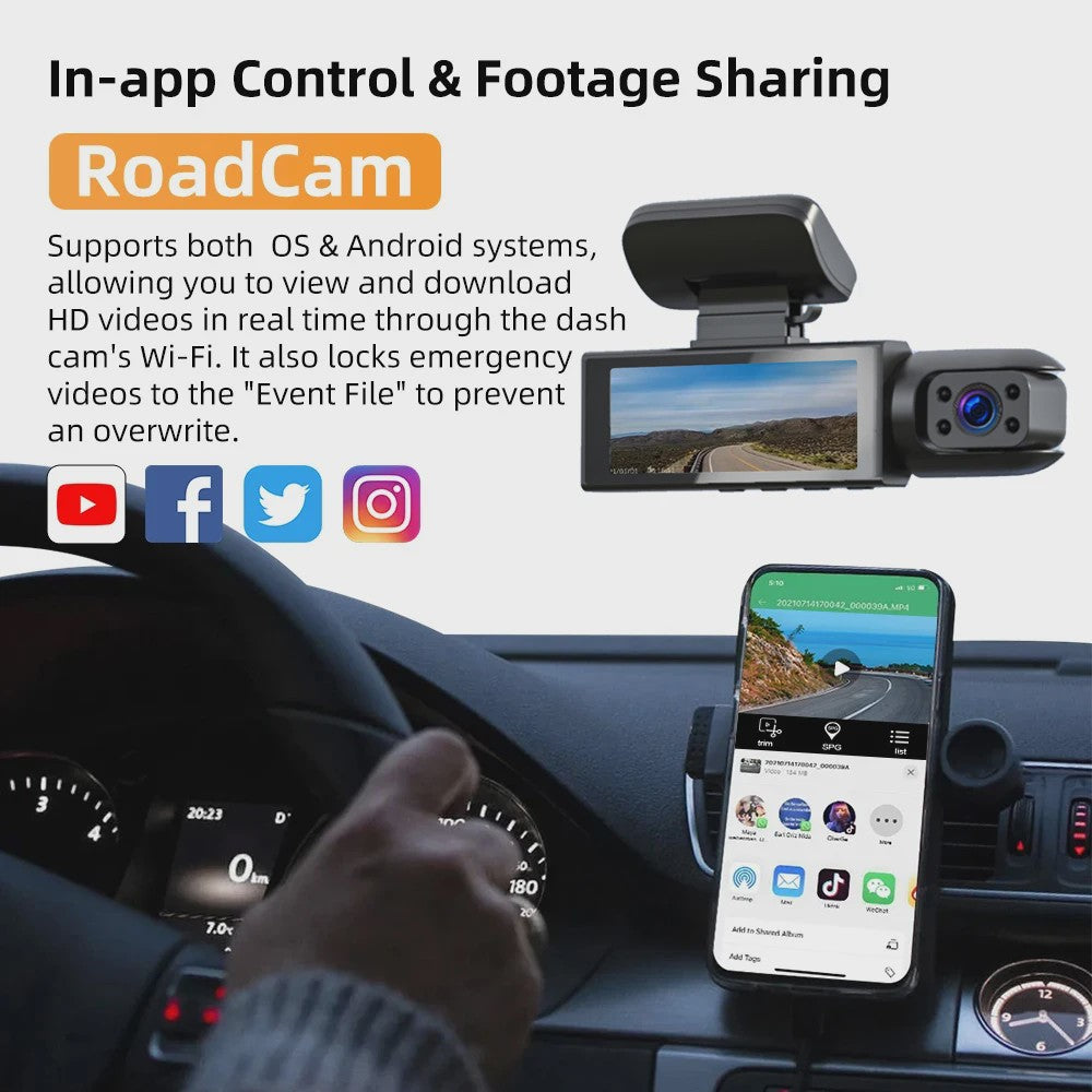 1080P Dual Dashcam: Voor en Binnen, Nachtzicht & WiFi