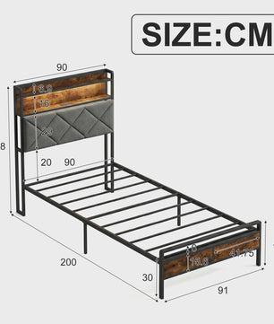 Modern Metalen Bed 90x200cm met LED Verlichting, Opbergkopstuk en USB-poorten