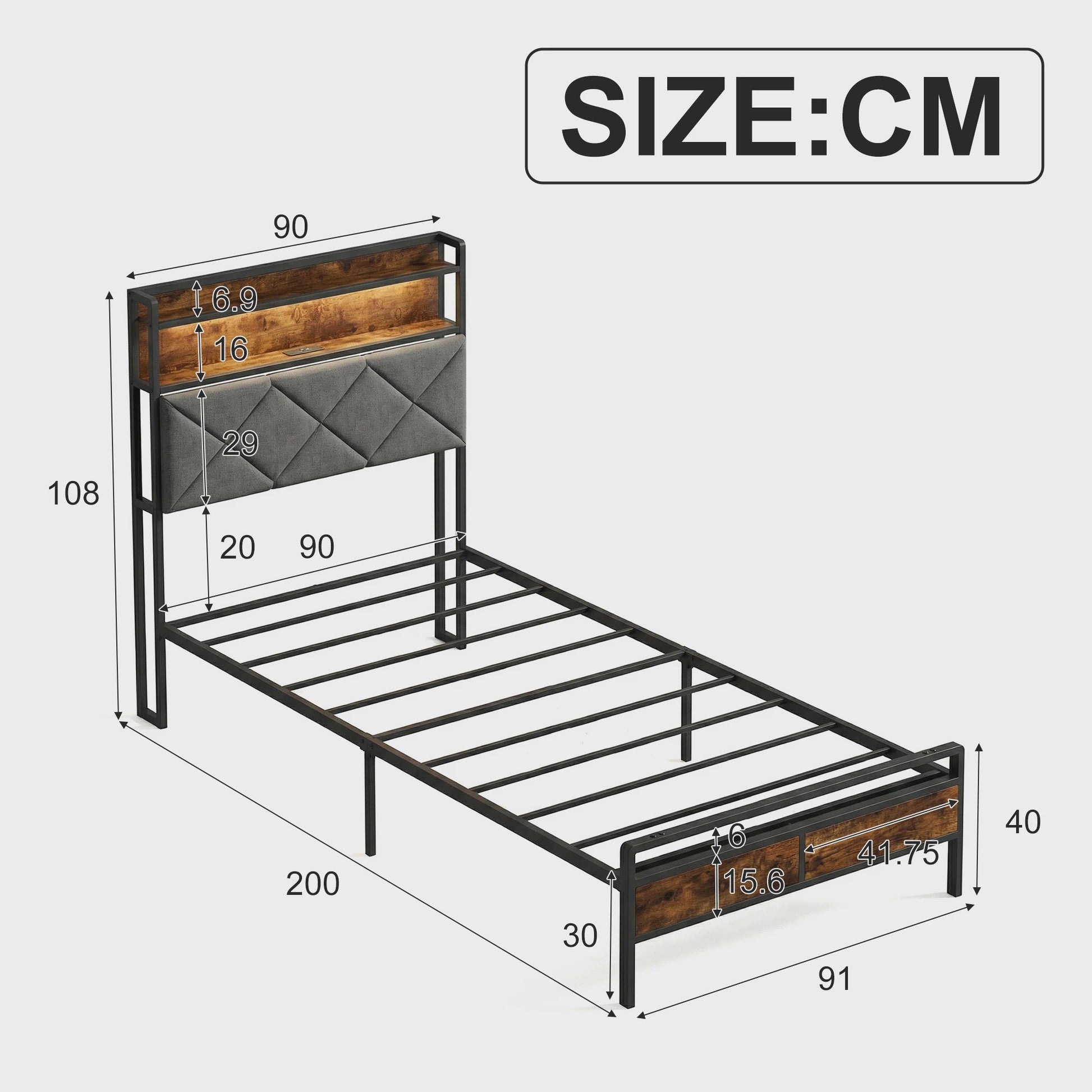 Modern Metalen Bed 90x200cm met LED Verlichting, Opbergkopstuk en USB-poorten