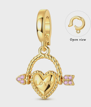 925 Sterling Zilveren Bedel: Gouden Strik met Roze Hart & Kruis met Oog van Horus