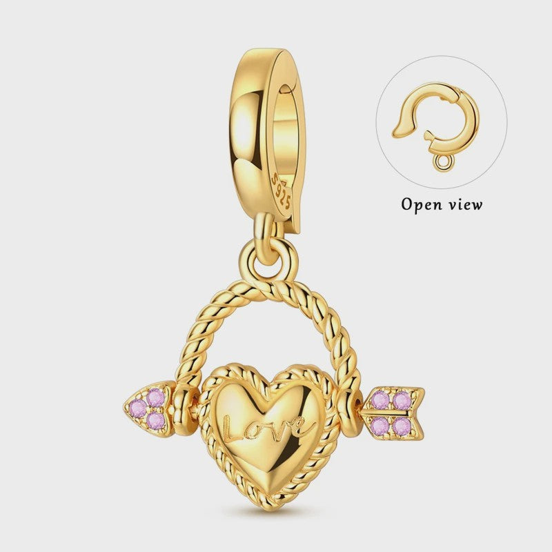925 Sterling Zilveren Bedel: Gouden Strik met Roze Hart & Kruis met Oog van Horus