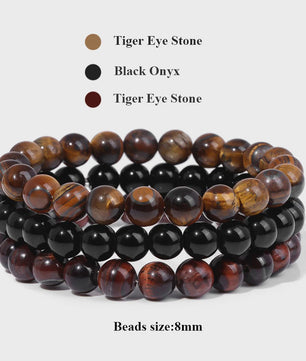 Set van 3 Natuursteen Armbanden: Rozenkwarts, Obsidiaan & Tijgeroog