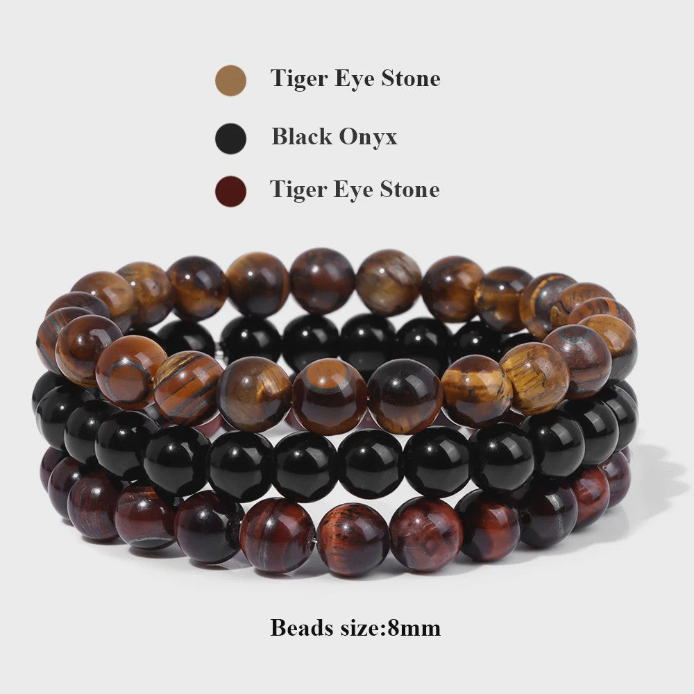Set van 3 Natuursteen Armbanden: Rozenkwarts, Obsidiaan & Tijgeroog
