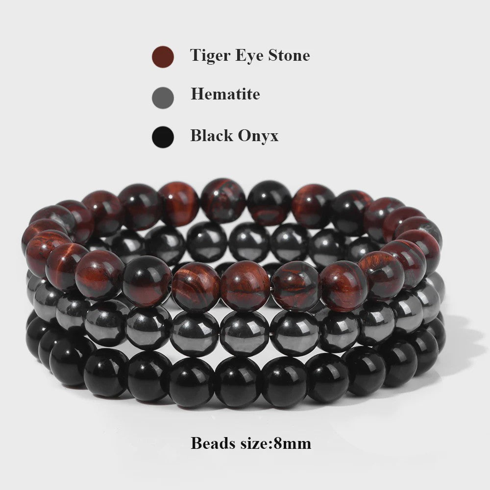 Set van 3 Natuursteen Armbanden: Rozenkwarts, Obsidiaan & Tijgeroog