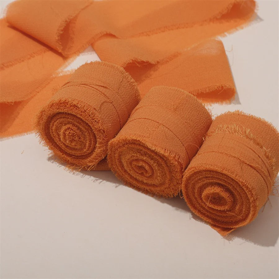 Handgemaakte Satijn Chiffon Lint Set - 3 Rollen van 5m met Rafeleffect voor Bruiloft, Cadeau & DIY Decoratie
